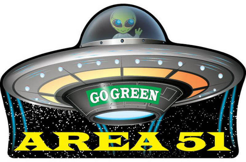 Area 51 Go Green Flying Saucer UFO – Postcard Sized Vinyl Sticker 6" x 3.75"