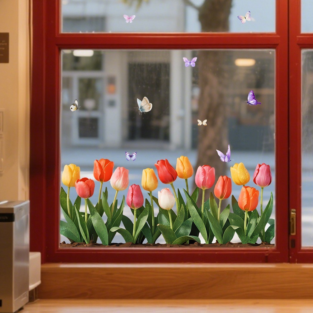 Colorful Tulip Static Cling – Waterproof Reusable Window Decal 15.7×7.9 inches