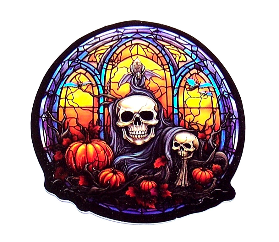 STAINED GLASS – Die Cut Sticker Decal Stained Glass Skull Pumpkin