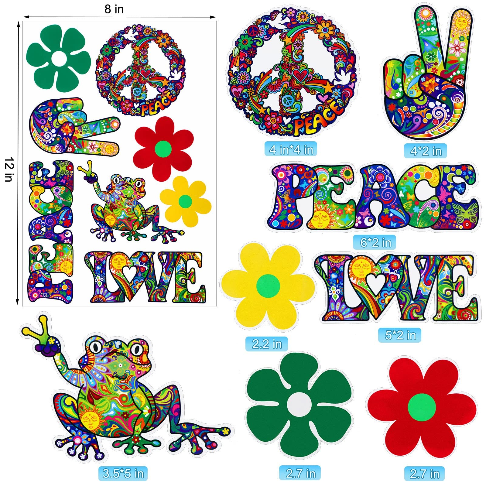 32 Pcs Hippie Theme Car Stickers Cute Peace Multicolor Vinyl Decals Pack