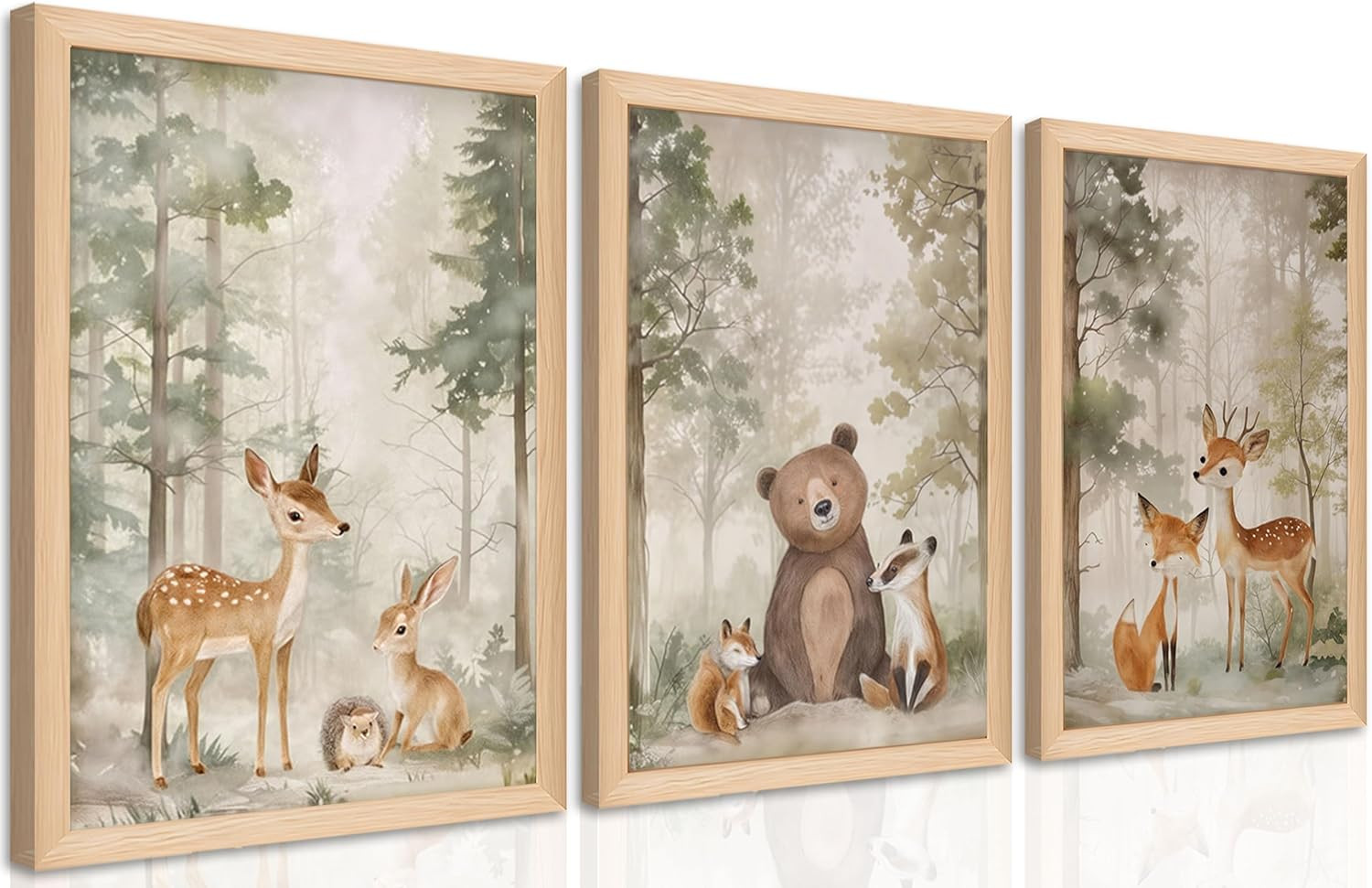 Framed Woodland Wall Art Set of 3, Wild Animals Nursery Wall Decor, Cute Bear Fo