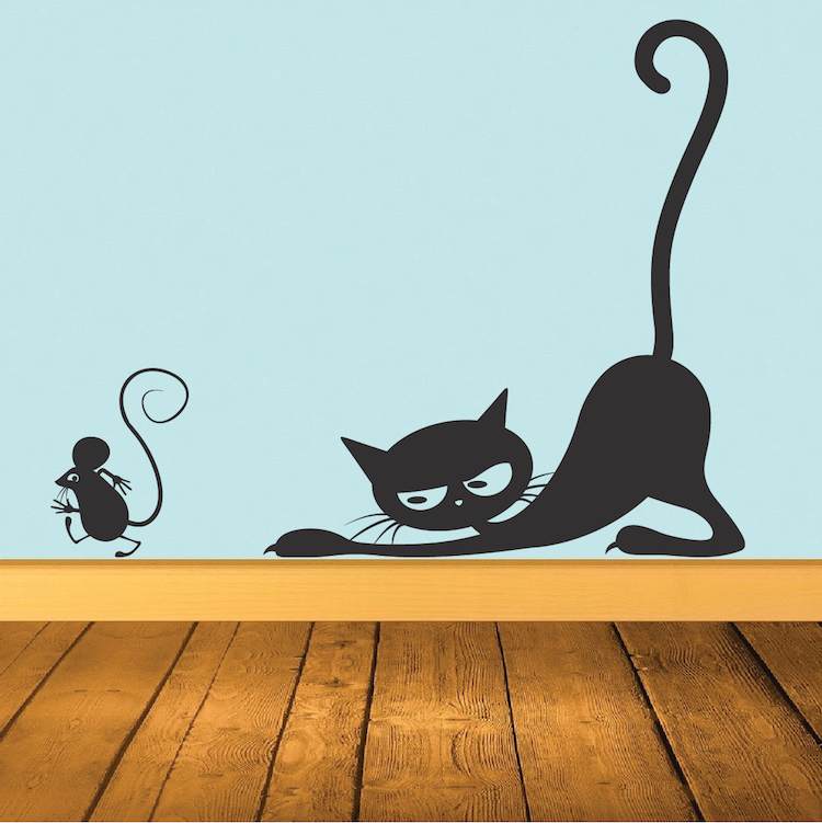 Cat Chasing Mouse Decal Mural, Fun Animals Wall Sticker, Artsy Wall Vinyl, b41