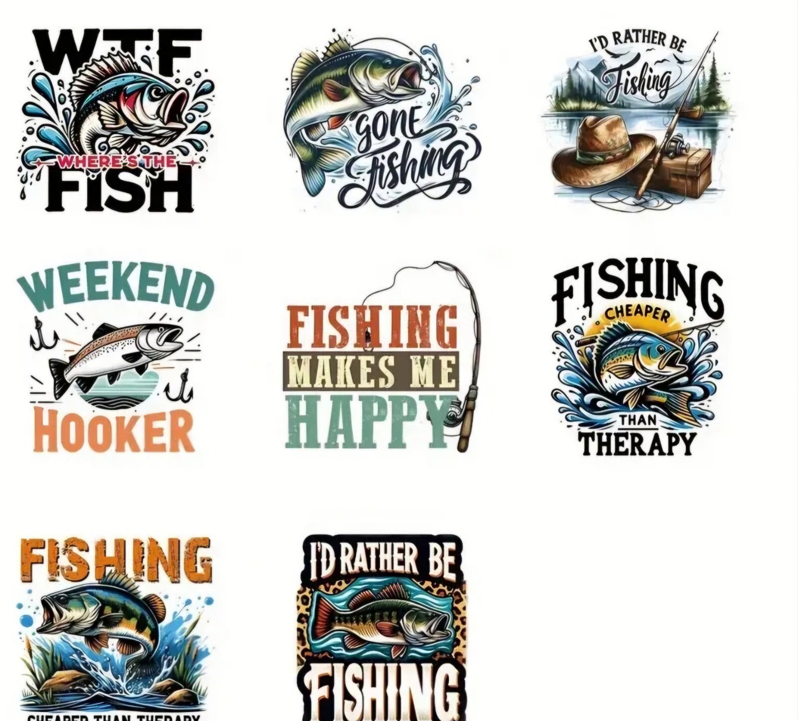 UV DTF Funny Fishing Fisherman Transfer Sticker Set 8 Decals Appx 2 x 2 Inches