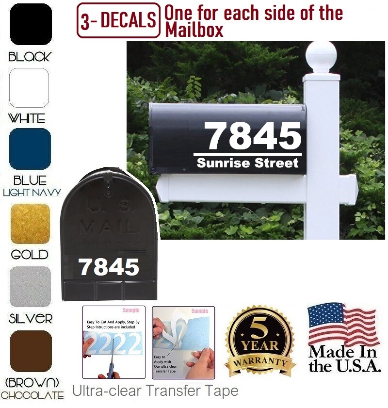 SET OF 3 CUSTOM PERSONALIZED VINYL MAILBOX NUMBERS STREET DECAL, (Model 4) ARIAL