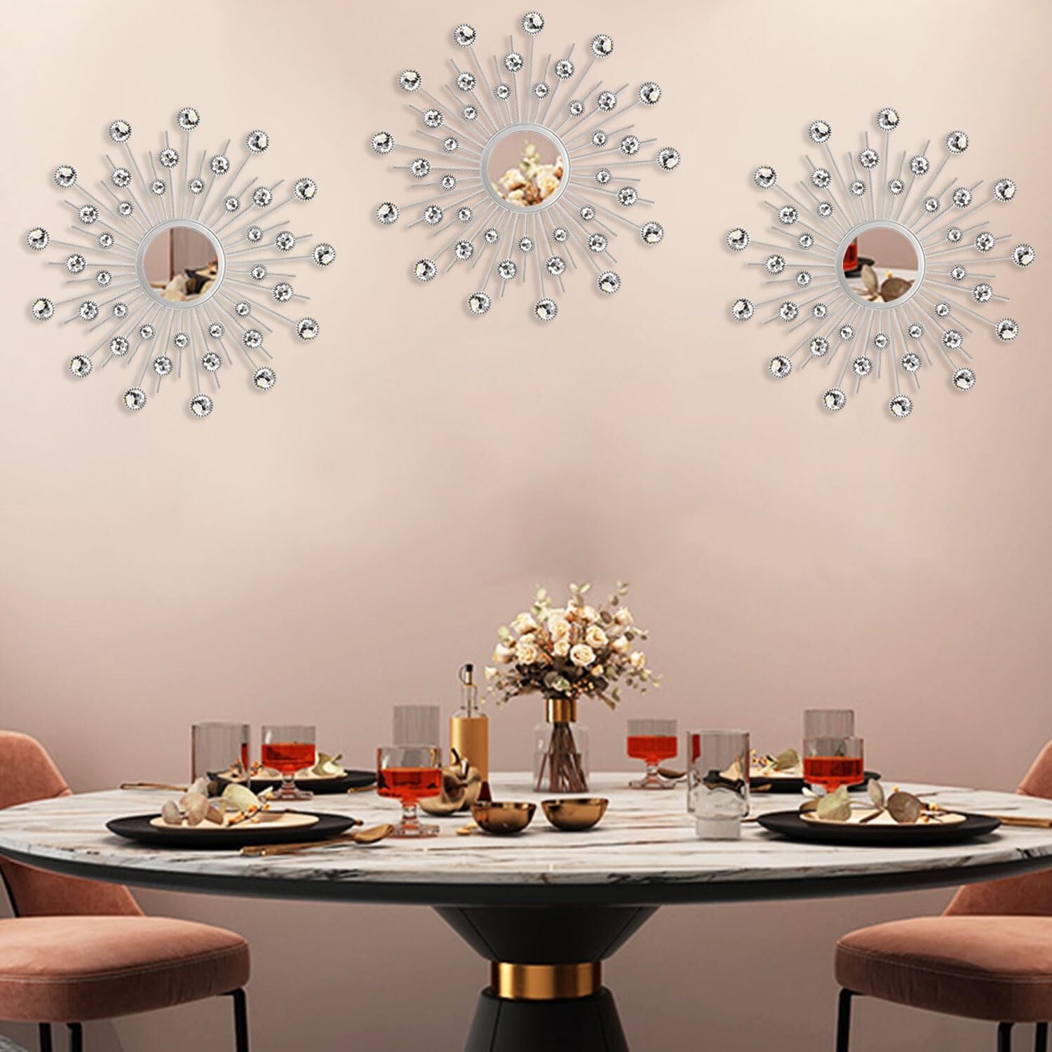 Uaussi 3 Pack Crystal Sunburst Wall Mirror Décor Rhinestone Mirrors Decorat