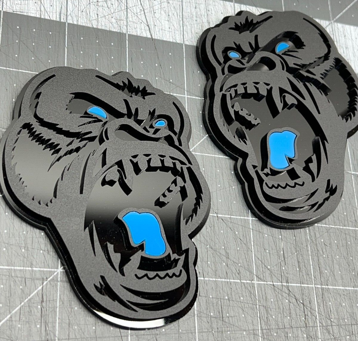 Angry Gorilla L-Blue Eye Car Truck Emblem Badge Matte Black Black Custom PK of 2