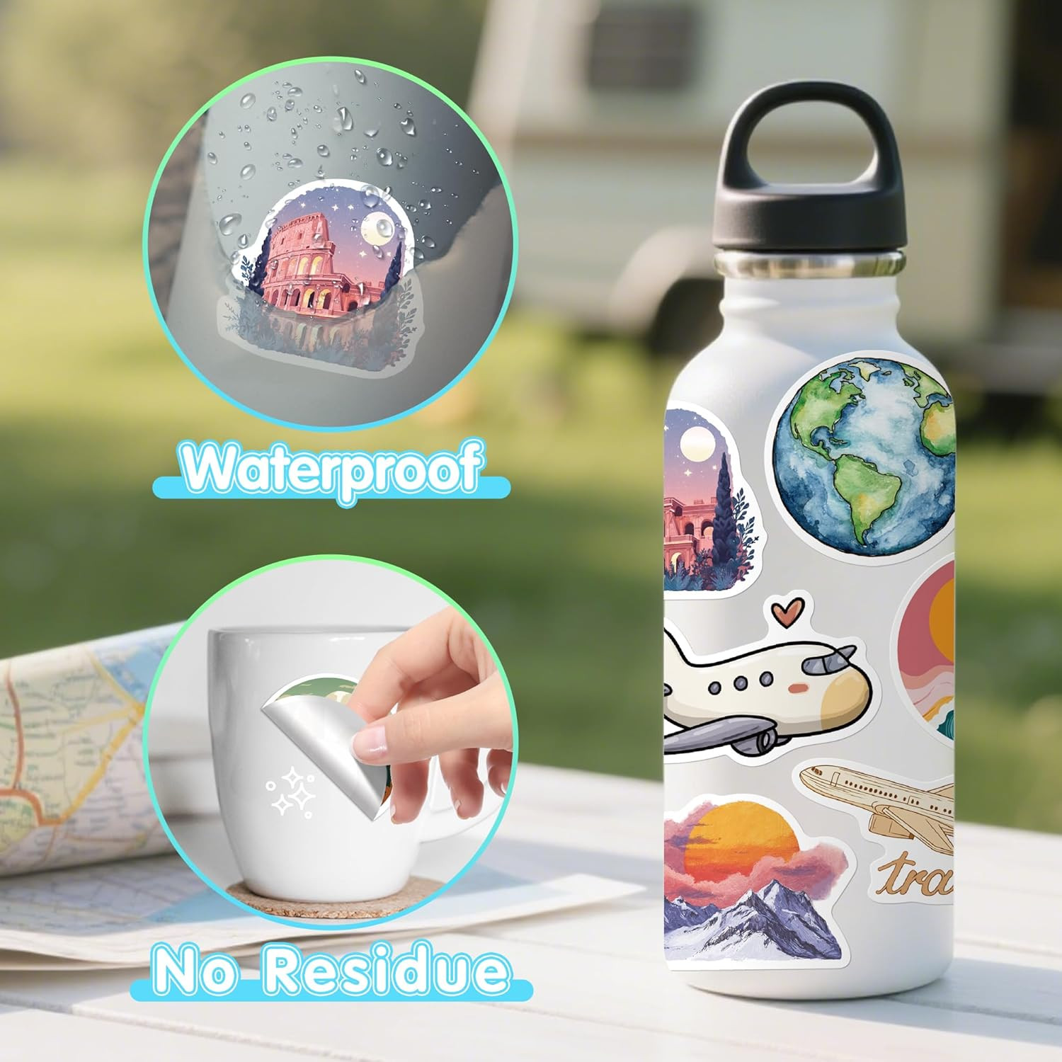 Adventure Travel Stickers 102PCS Waterproof Decals for Water Bottles and Bikes