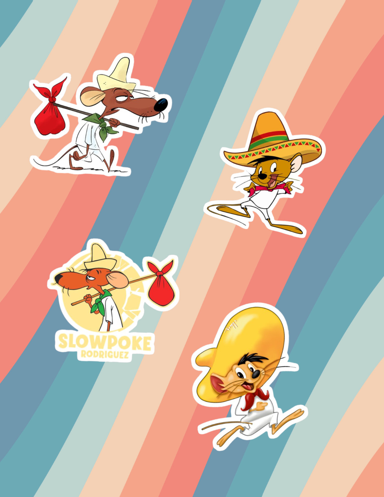 Speedy Gonzales & Slowpoke Rodriguez Retro Cartoon 4pc Sticker Pack