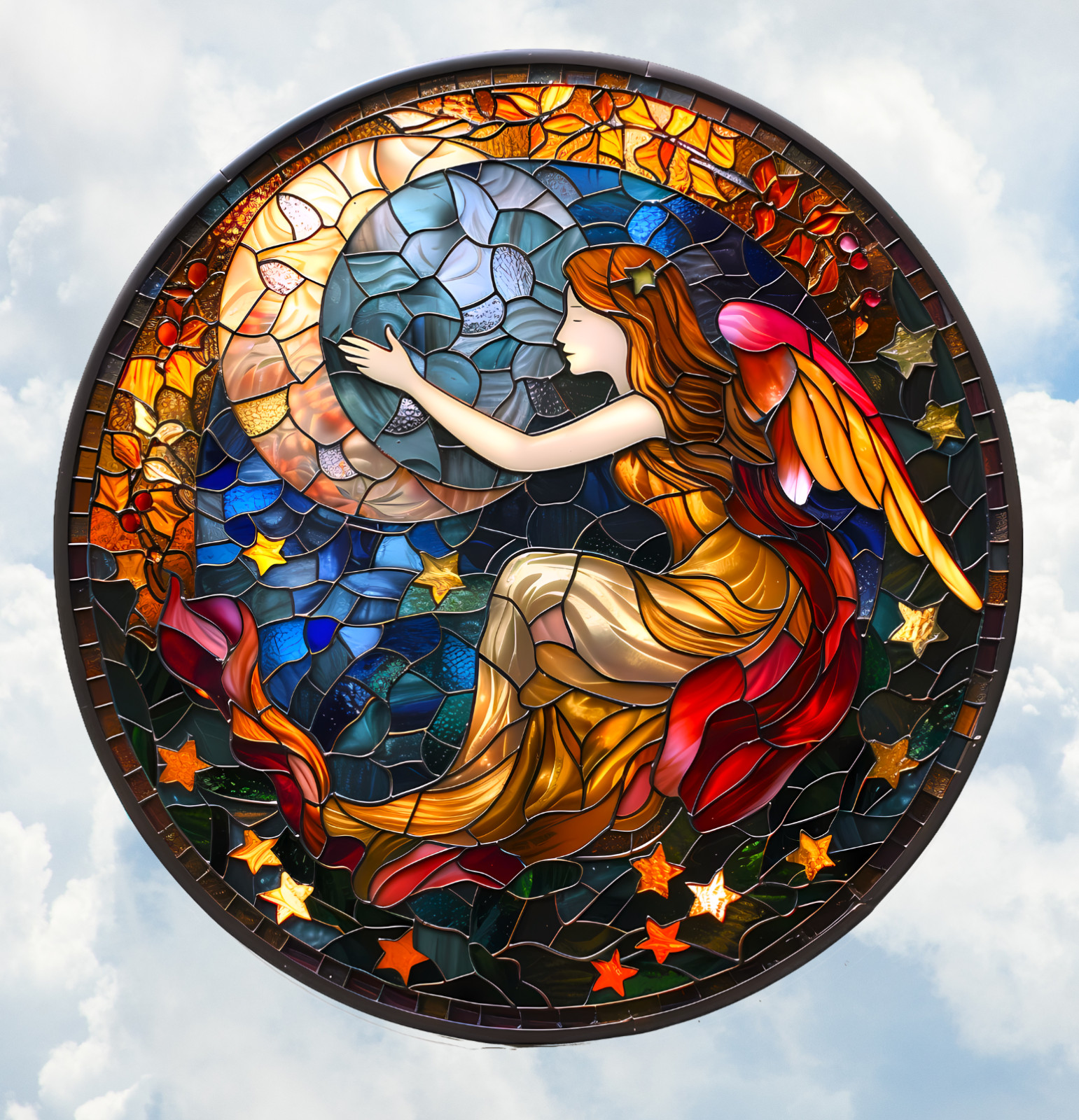 Angel Crescent Moon & Stars Faux Stained-Glass WINDOW CLING Size 8" Round Vinyl
