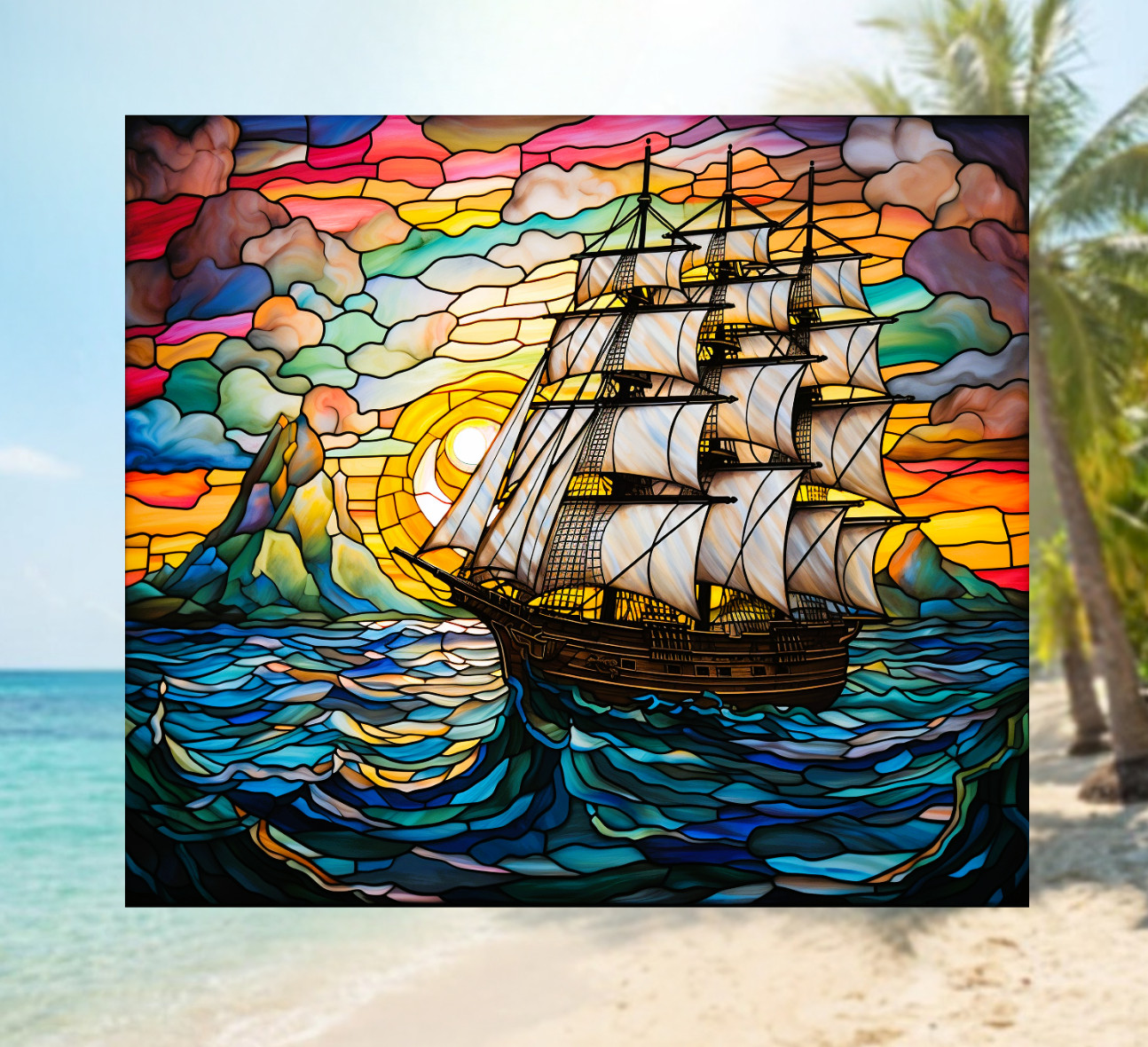 Sailing Ship at Sunset Faux Stained-Glass WINDOW CLING Size 9.1" Vinyl