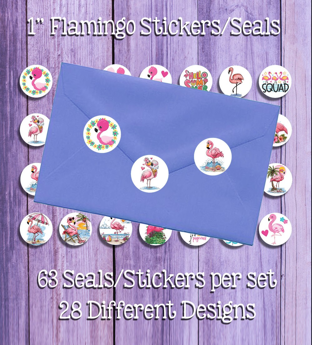 1" Round Flamingo Design Stickers / Seals, 63 Flamingo Stickers
