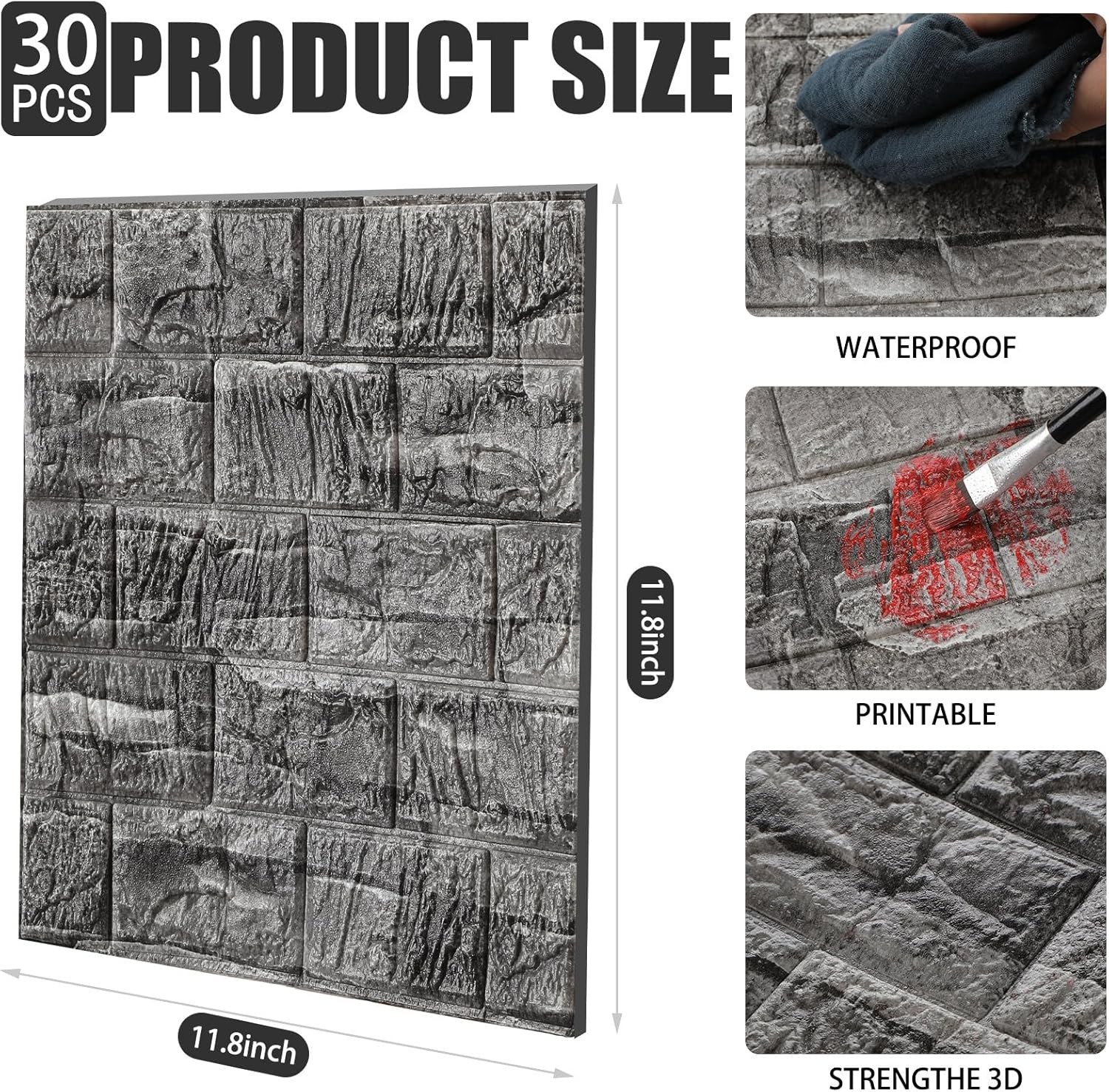 Peel Stick Brick Wallpaper 30 Panels 3D Foam Decorative Wall Tiles Black 28.8ft²