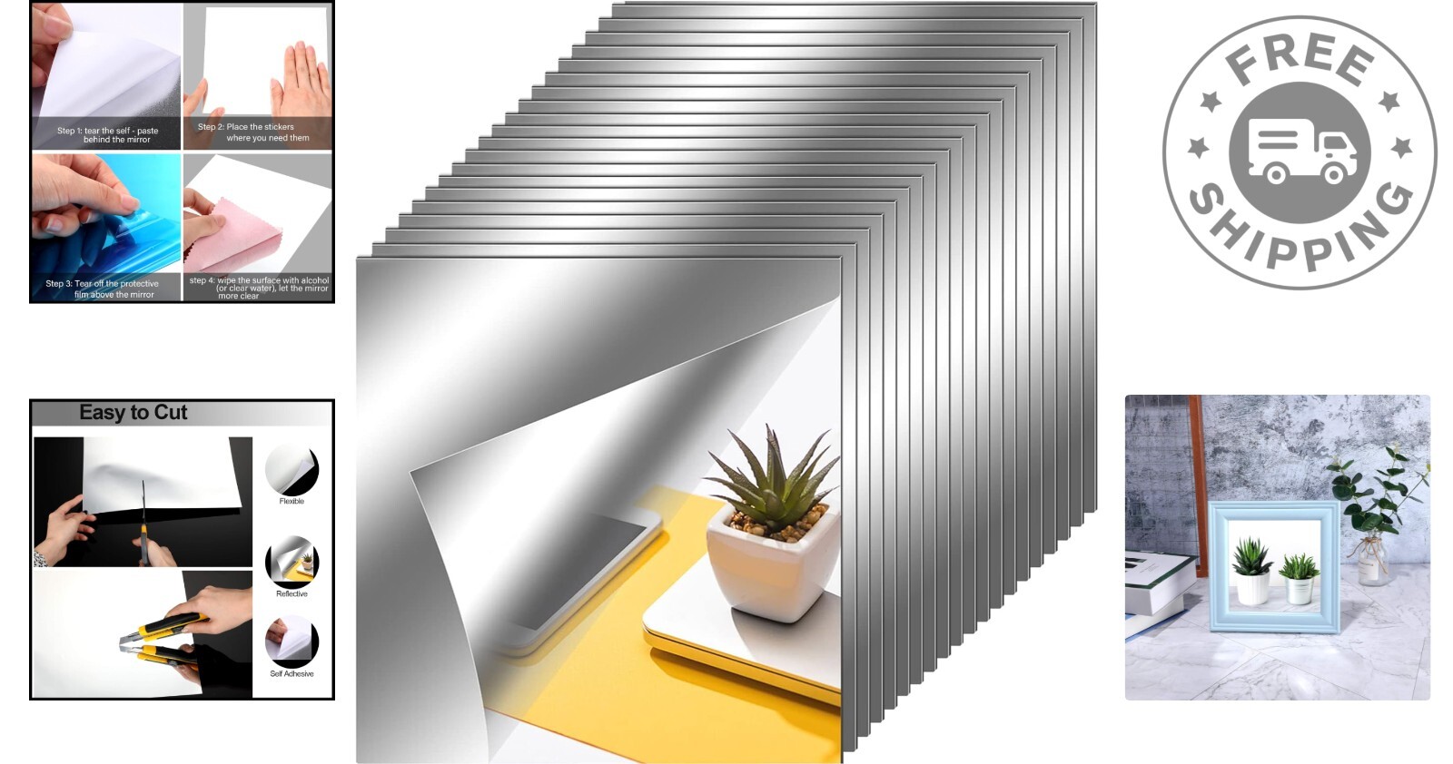 Flexible Self-Adhesive Mirror Tiles – 20 Pack, Perfect for Unique Decor Styles