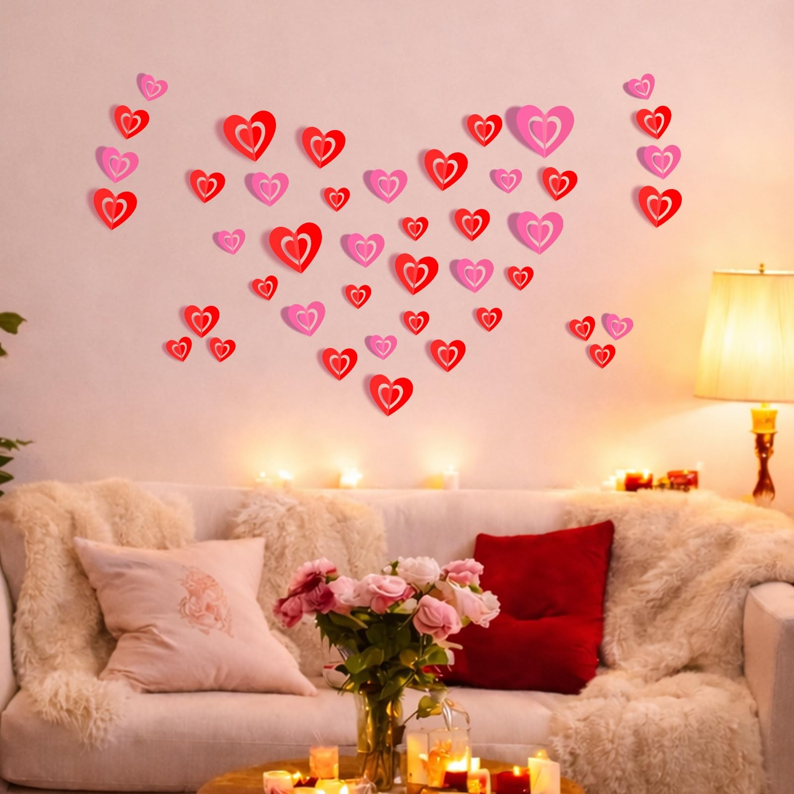 60 Pcs Valentines Day Wall Decals, 3D Valentines Day Stickers Heart Wall Stic…