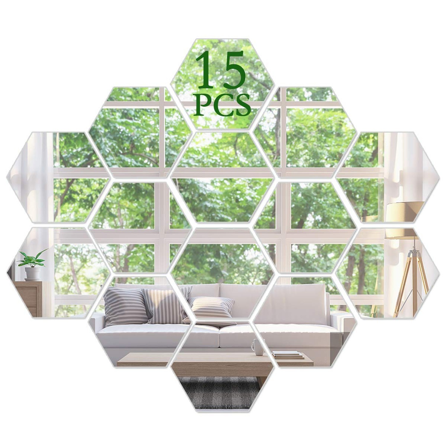 3D Hexagon Acrylic Mirror Wall Decor – Self Adhesive Tiles (15 PCS) 15 Pcs