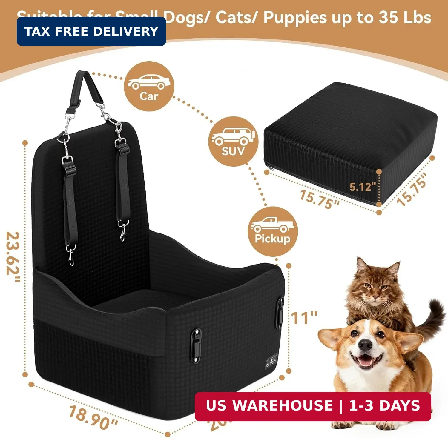 Dog Booster Car Seat for Small/Medium Dogs up to 35 lbs 5" Memory Foam Pet Seat