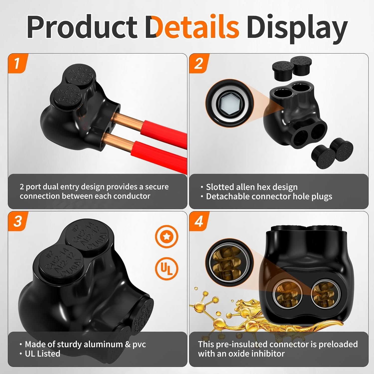 2 Port Insulated Multi Tap Connector 2-14AWG Aluminum to Copper Wire Connectors
