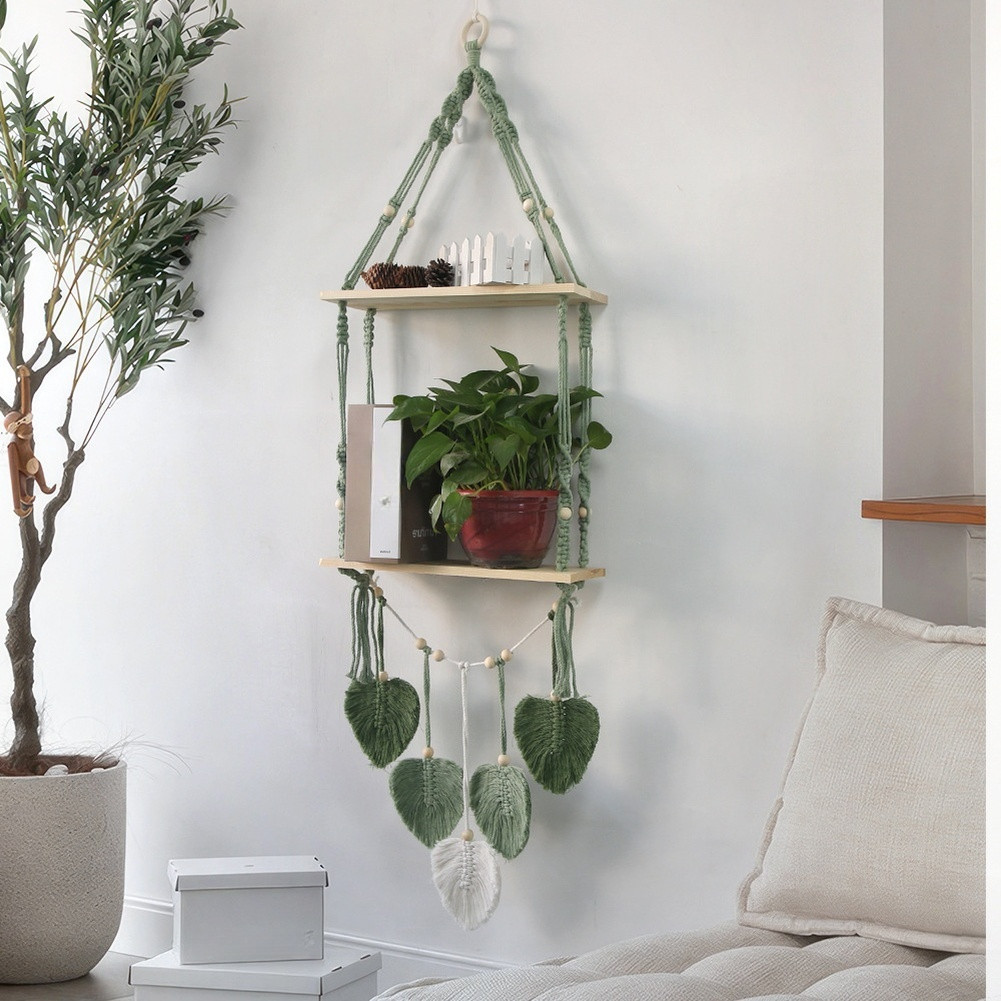 Green Woven Wall Shelf for Plants Bohemian Macrame For Living Room Decor