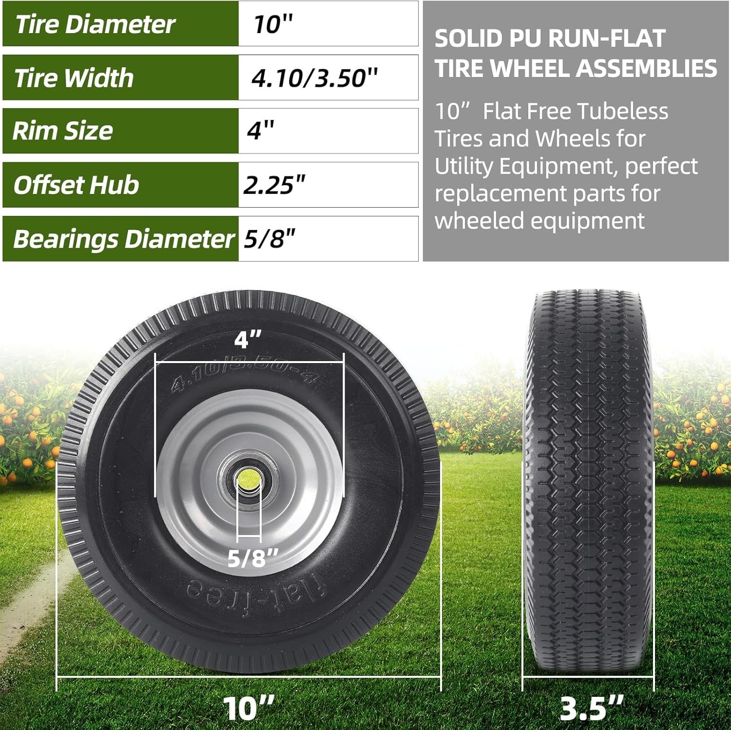 (2-Pack) 10-Inch Solid Wheel Replacement – 4.10/3.50-4 Flat Free Tire and Wheel