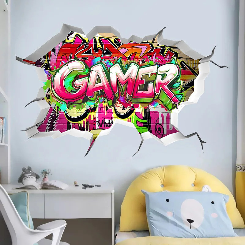 3D Broken Wall Gaming Controller Vinyl Sticker Kids Room Boy Bedroom Decor