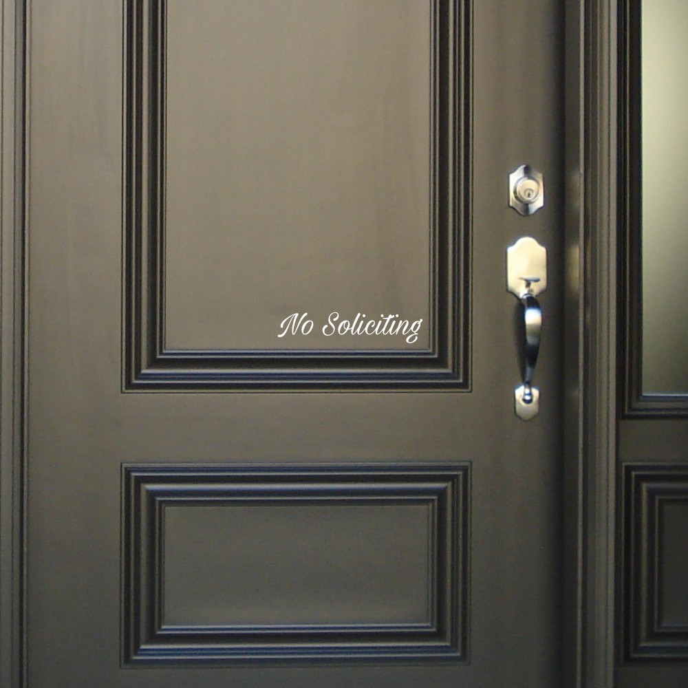 No Soliciting Sign Vinyl Die Cut Decal Sticker – Script -Sign Door Window BS009