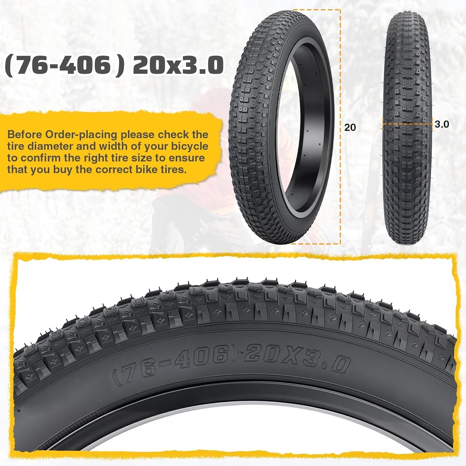 20×3.0 E-Bike Fat Tire-76-406 20×3.0, 2 PCS 20X3.0 Tires (NO TUBE)