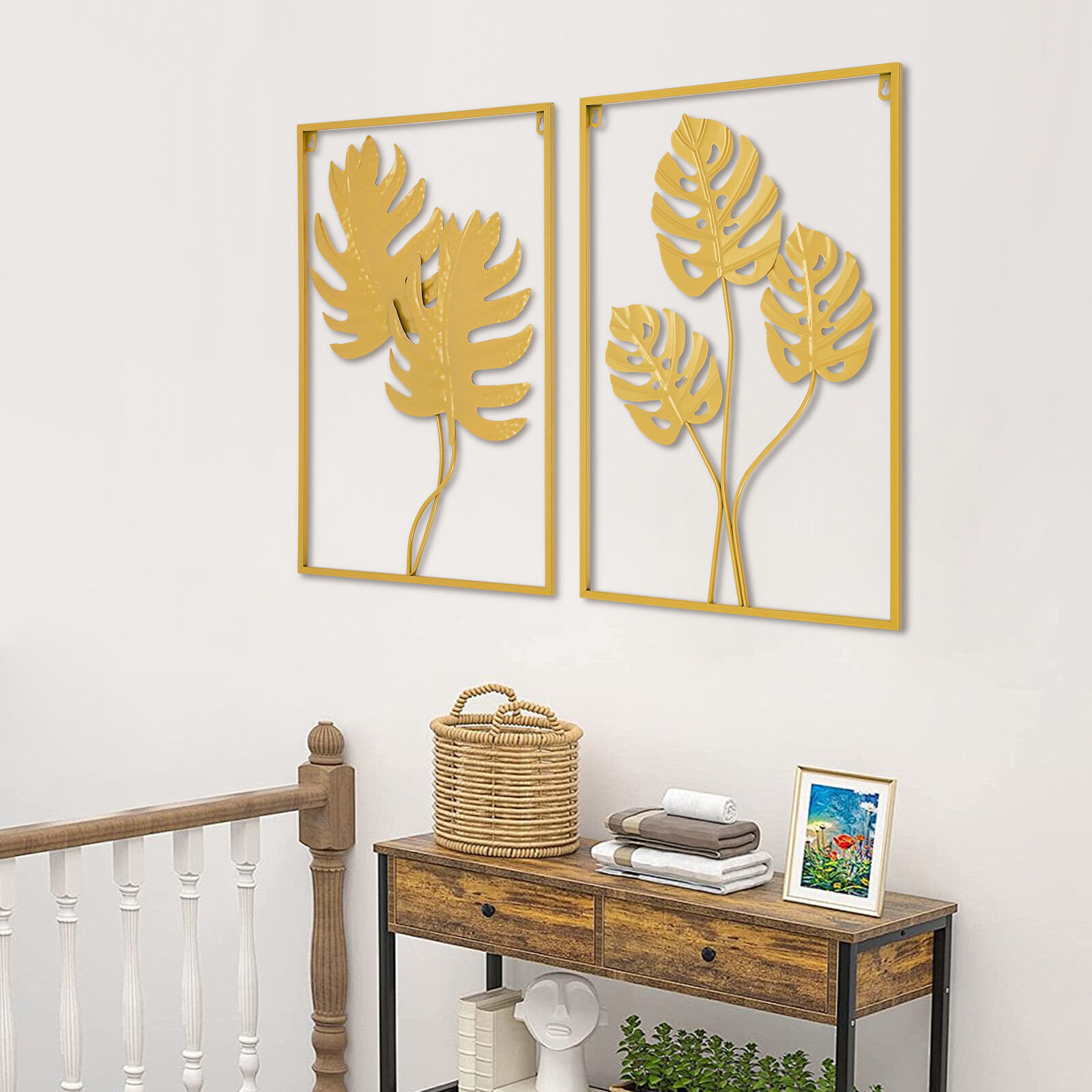 2PCS Wall Decorations Gold Iron Leaf Wall Hanging Home Decor with Frame Golden