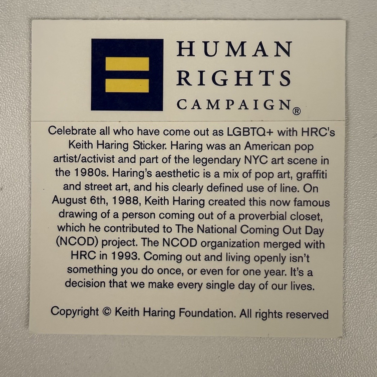Keith Haring Human Rights Campaign Sticker 3×3 National Coming Out Day