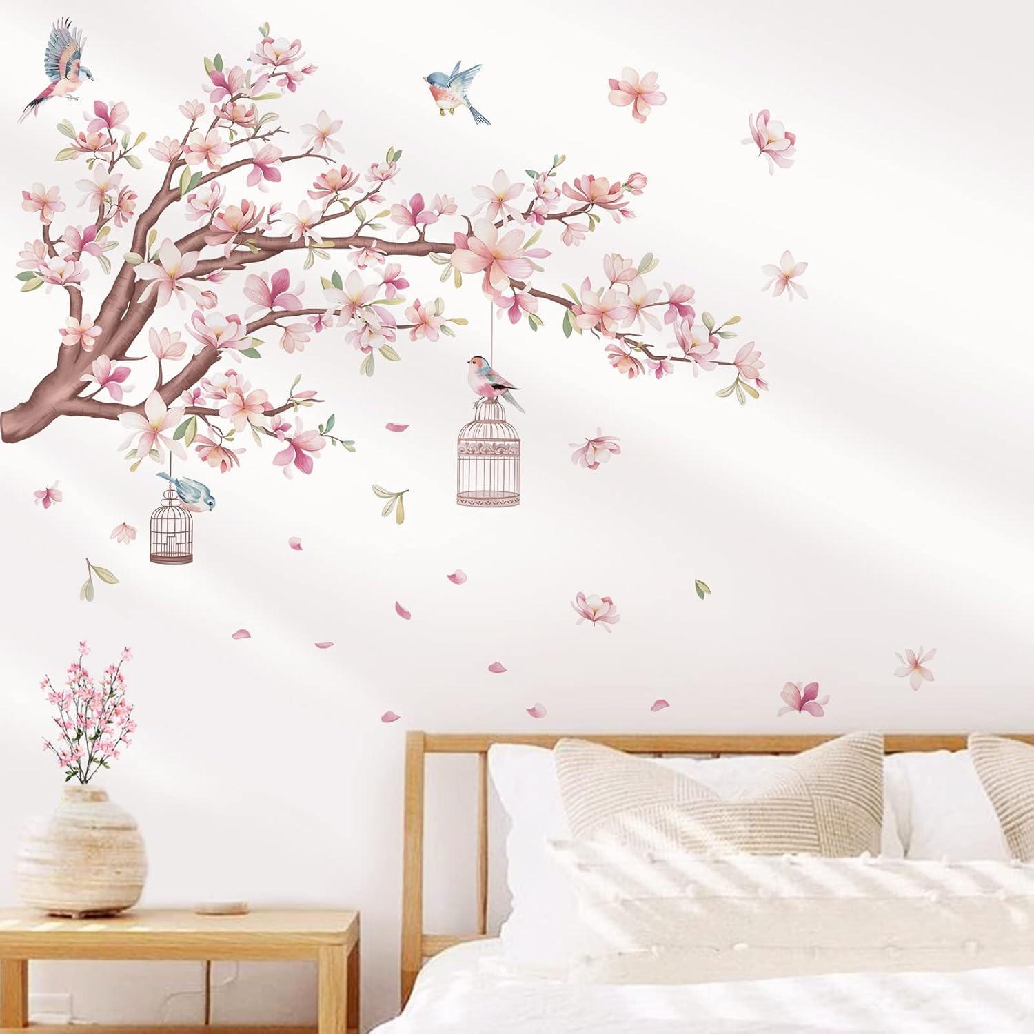 Cherry Blossom Flowers Wall Stickers Pink Magnolia Floral Tree Branch Birds Peel