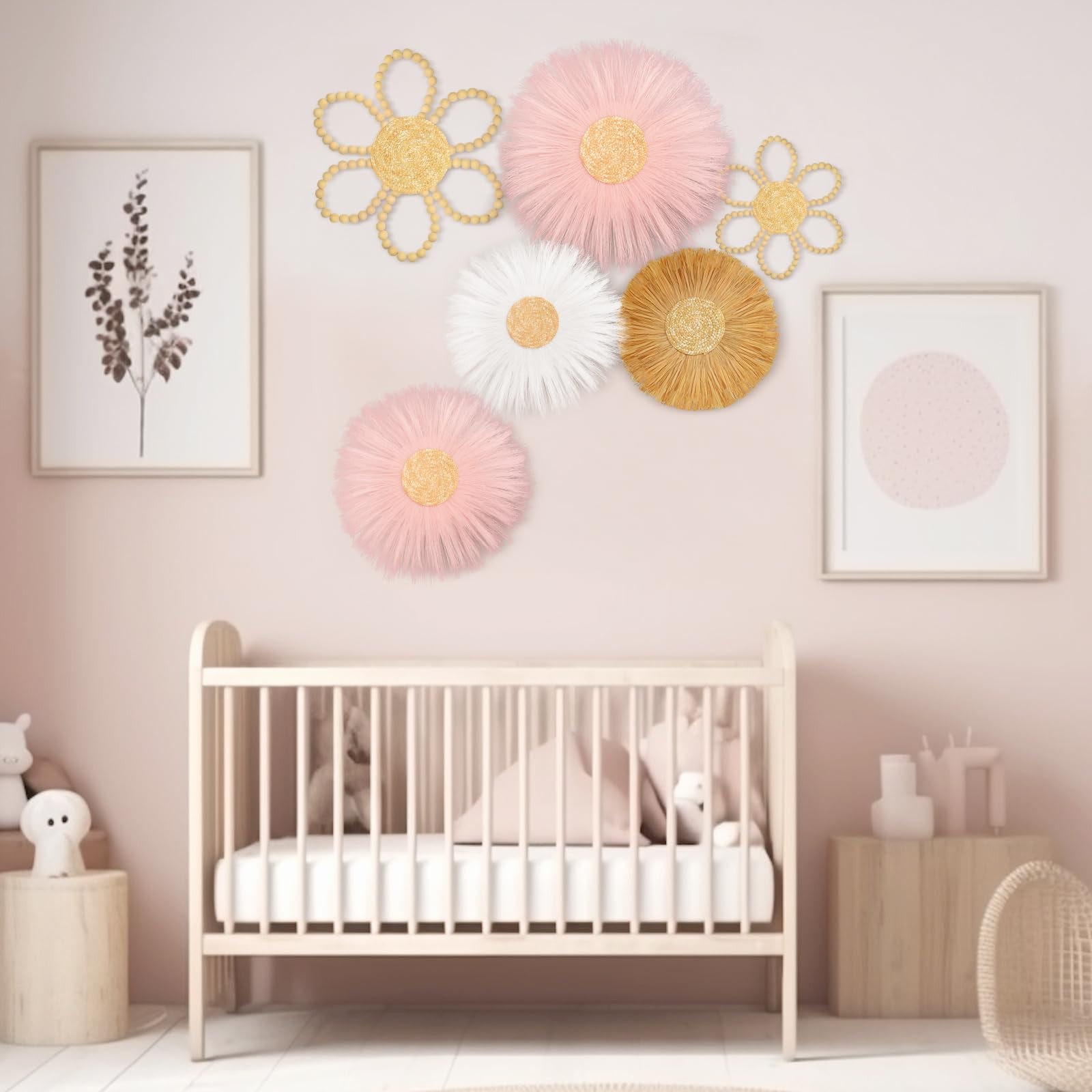 Soaoo 6 Pcs Boho Nursery Decor for Girl Daisy Flower Woven Macrame Wall Hangi…