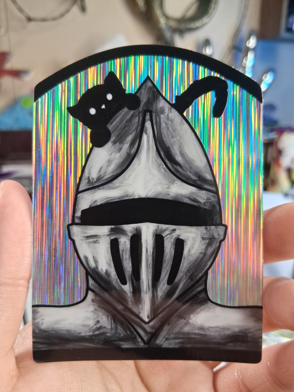 Holographic Whimsical Surreal Cute Peeking Kitty Knight Vinyl Sticker Trippy
