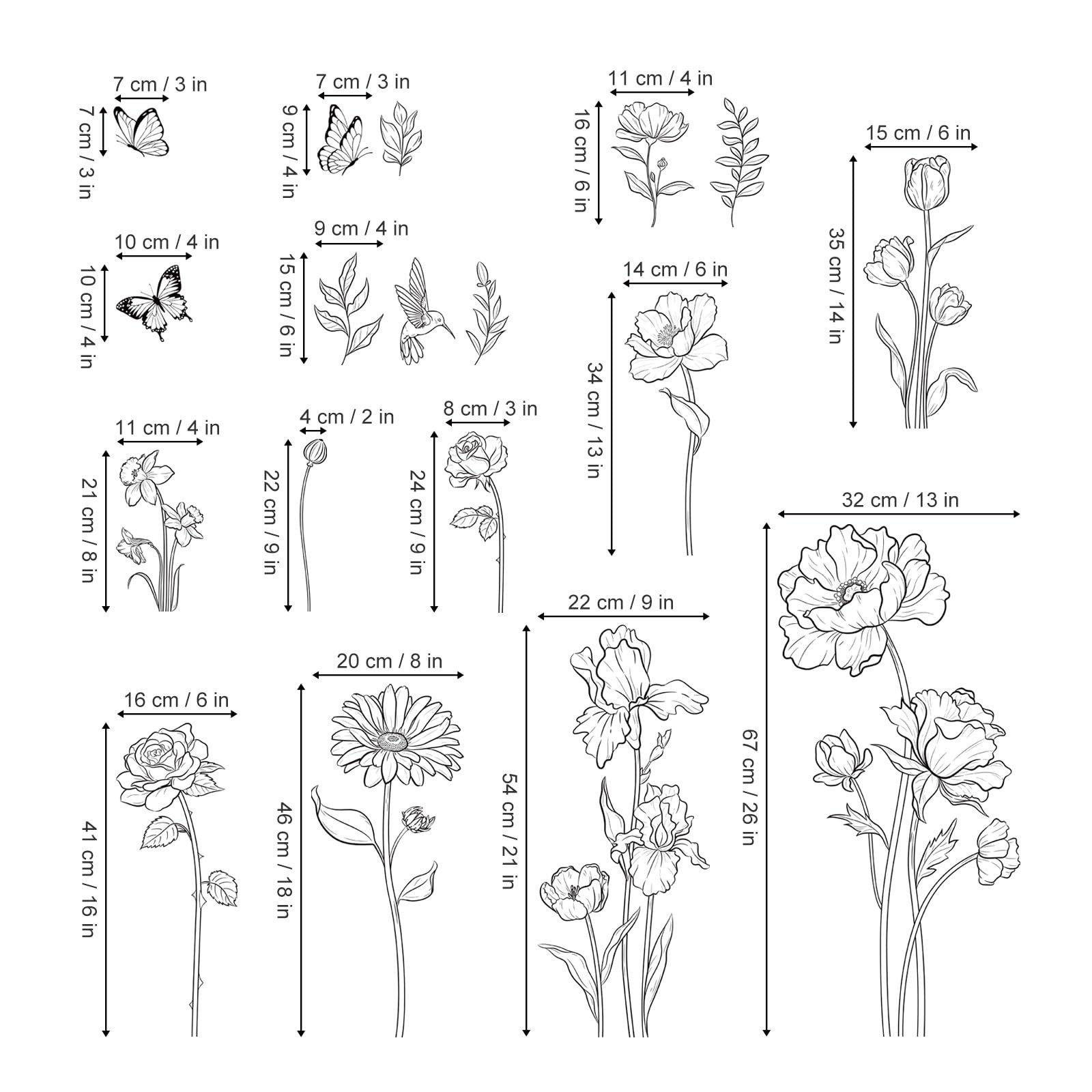 decalmile Large Black Boho Flower Wall Decals Simple Sketch Floral Multi