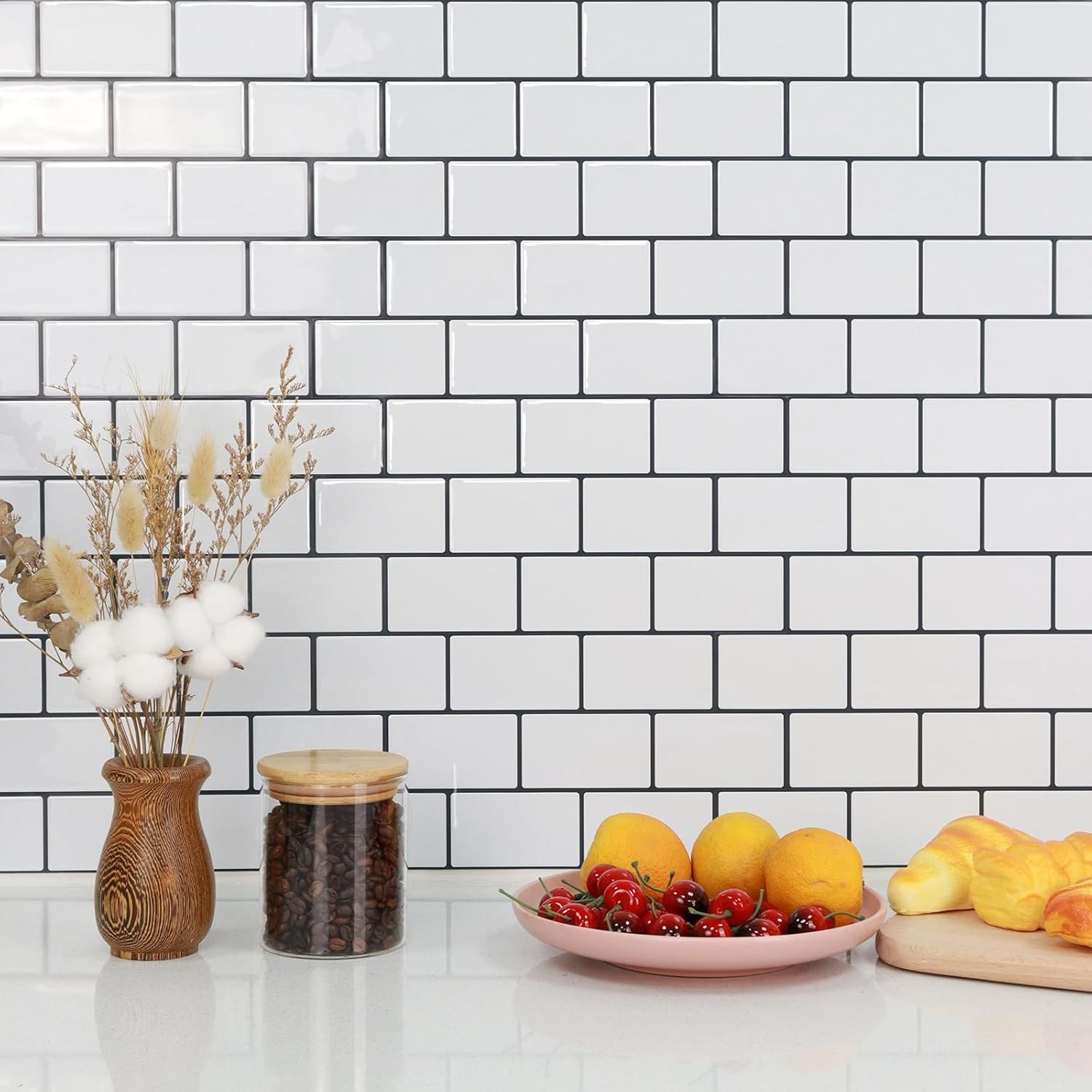 STICKGOO 10-Sheet Peel and Stick Backsplash, Cold White With Black Grout