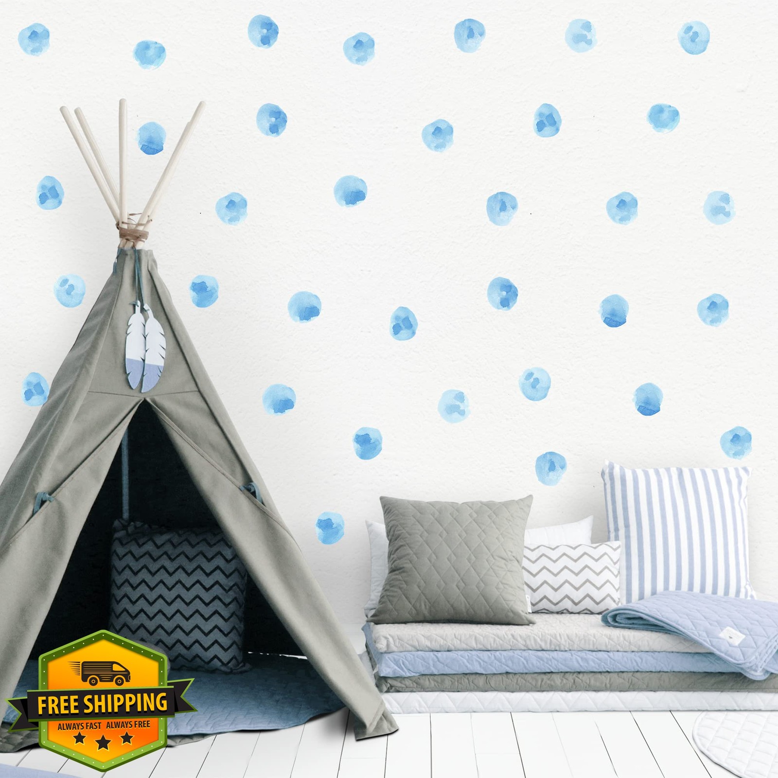 RoyoLam 72pk Sky Blue Polka Dot Wall Decals Nursery Watercolor Kids
