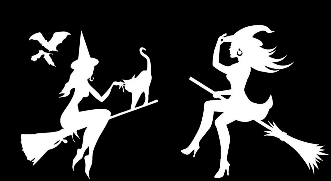 Cute Witch Bats & Cat – Two PK 5" White Vinyl Decal Car Windows laptop notebook