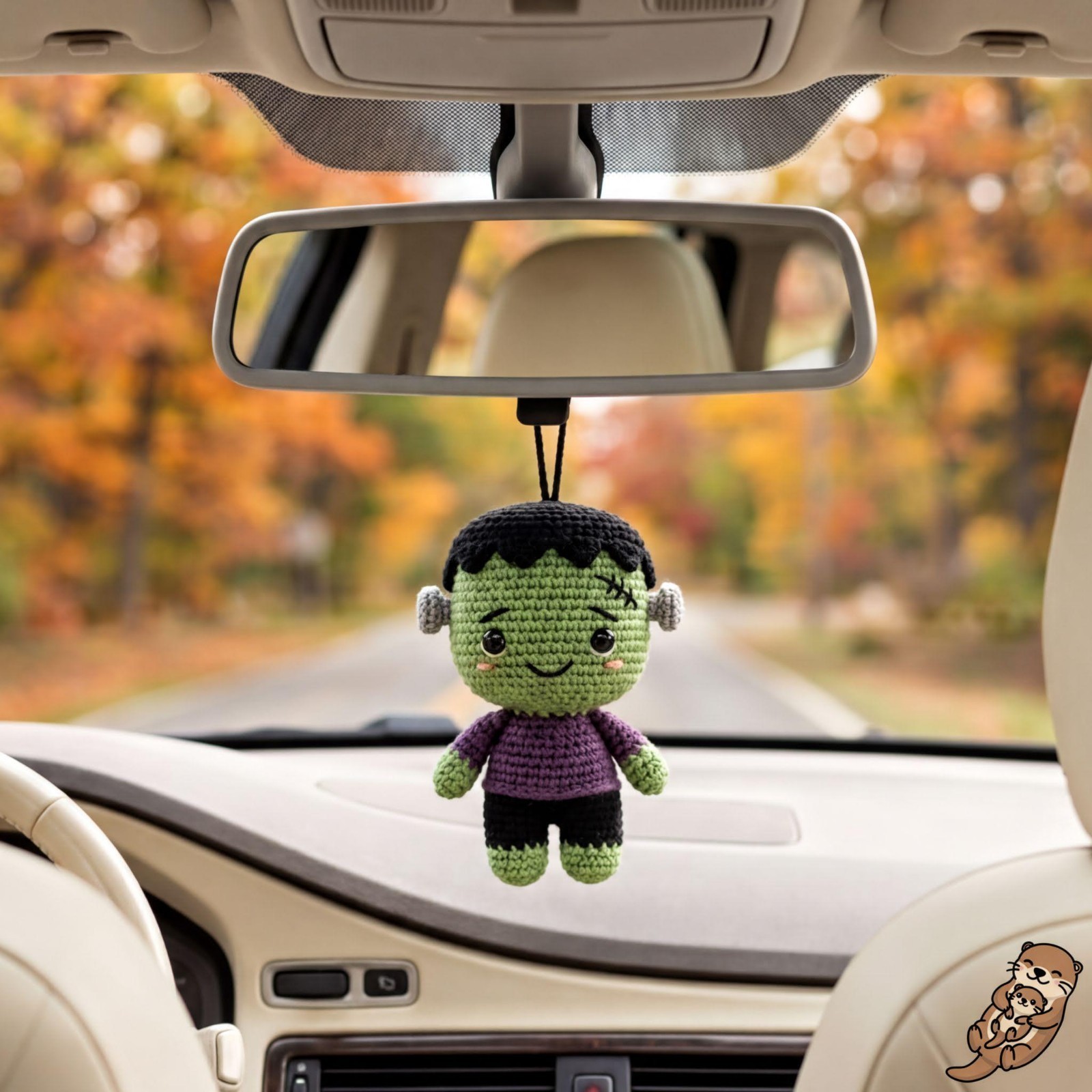 Handmade Frankenstein Crochet Car Charm, Green Monster Halloween Decor