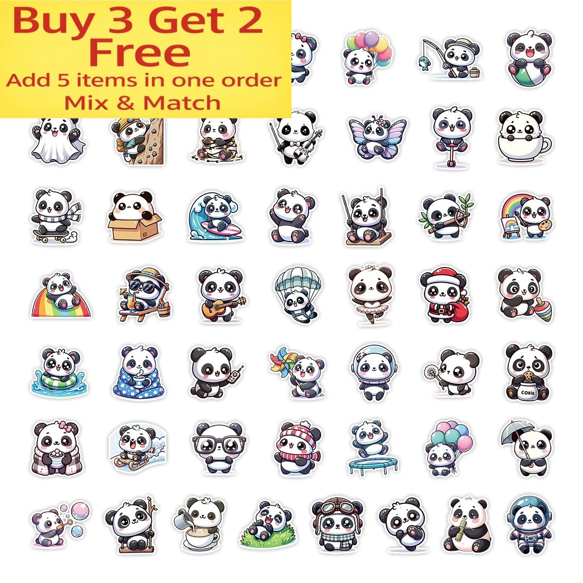 50pcs Waterproof Stickers Cute Cartoon Panda Luggage Phone Laptop Water Bottle
