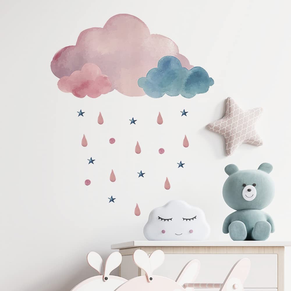 Boodecal Pink Watercolor Cloud Rain Drops Stars Kids Wall Stickers | Raining,…