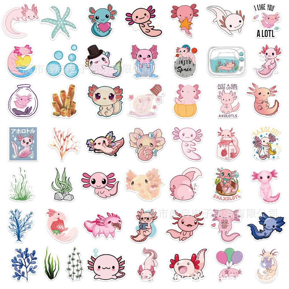 50pcs AXOLOTL Stickers, Cute Animal Water Bottle Laptop No Residue Sticker, #217