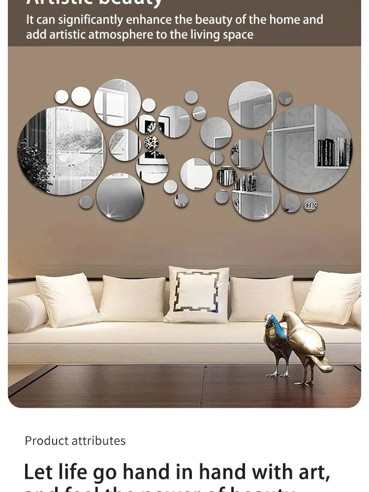 26 PCs 3D Acrylic Mirror Wall Sticker Round DIY Home Decor