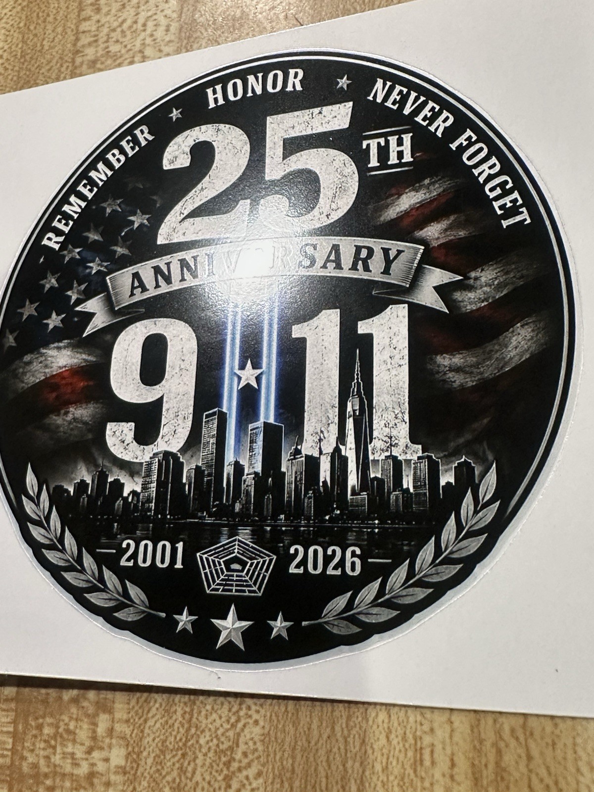 9/11 25th Anniversary, Round Flag Decal Sticker 3.5 in and 2.75 in glossy