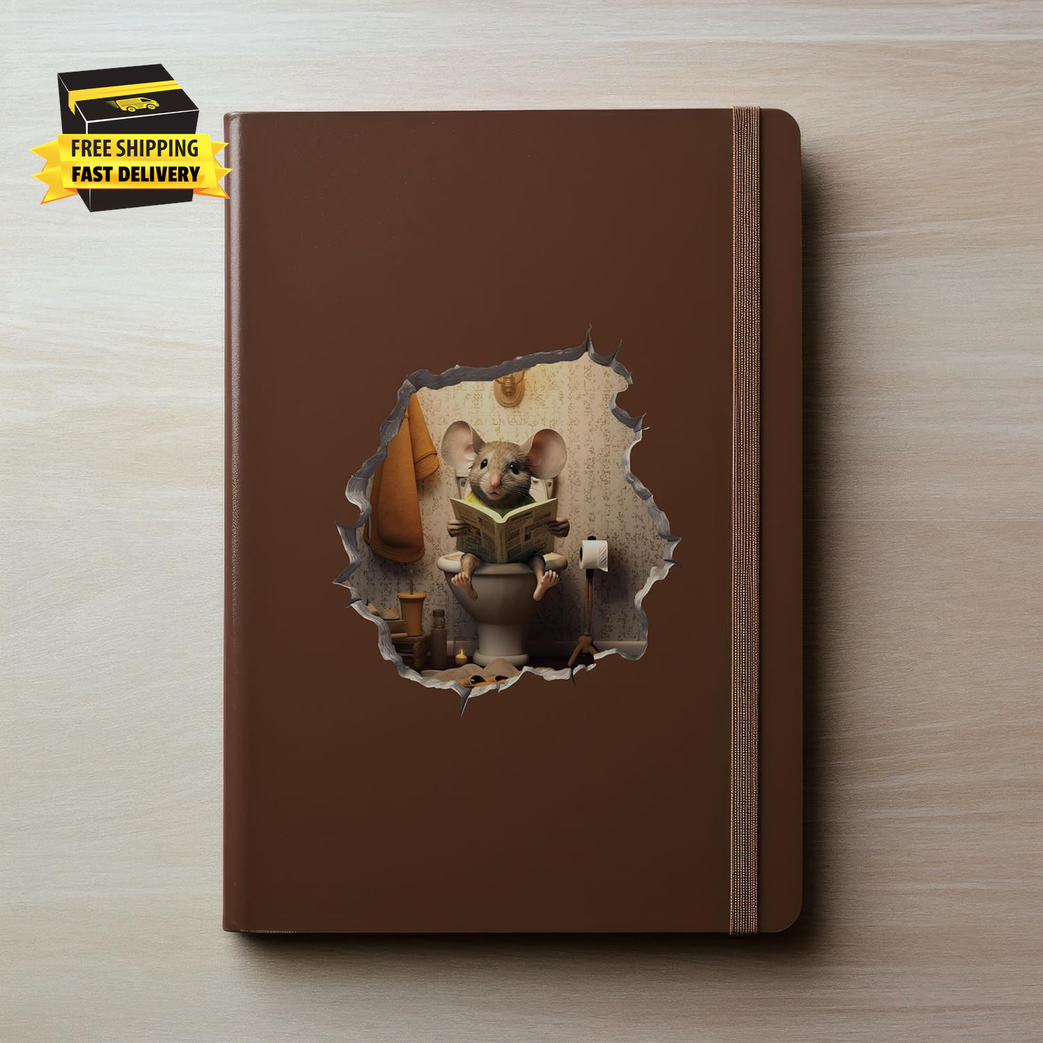 Mouse Sitting on Toilet in Mouse Hole Decal – Mouse Hole Sticker with 3D Effect