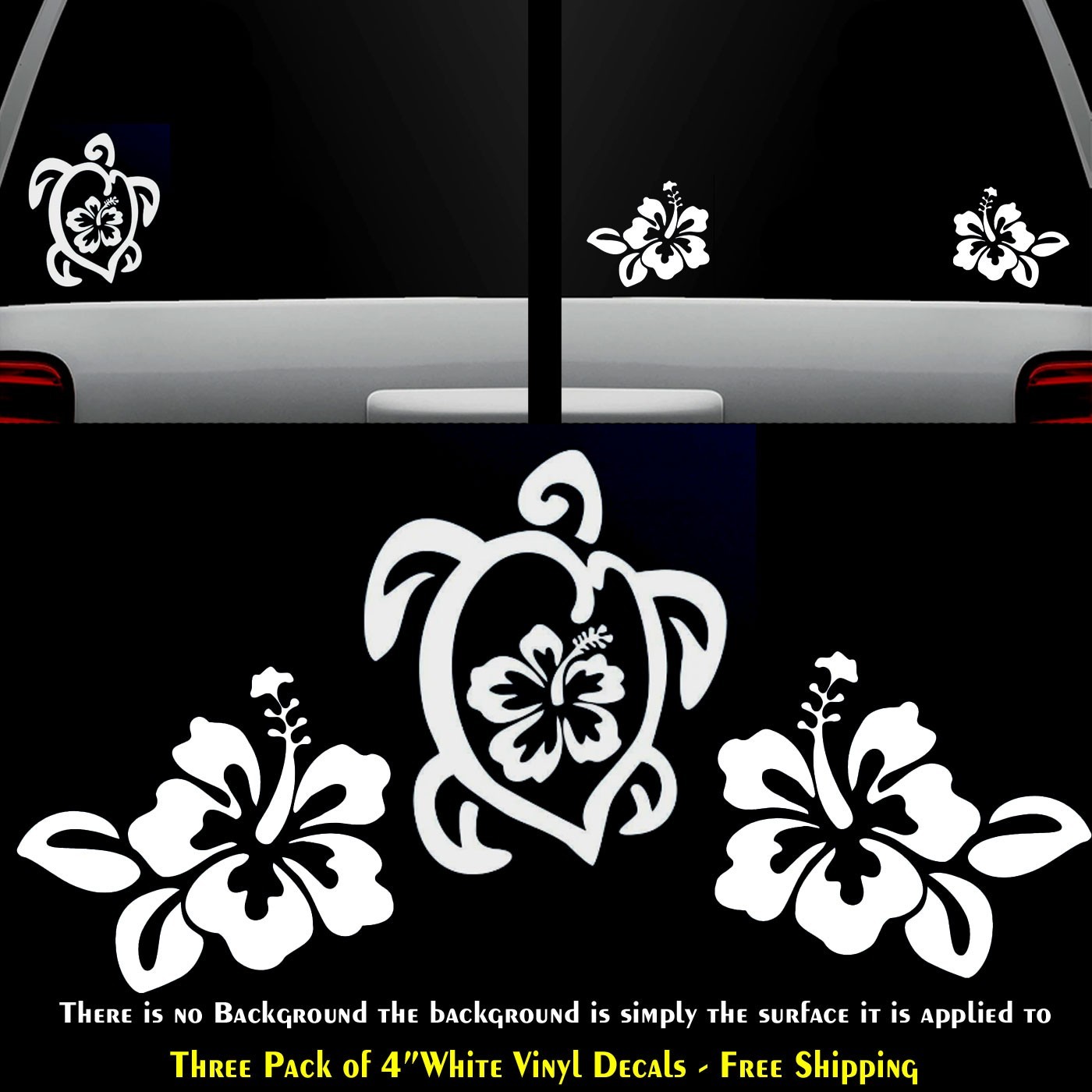 Sea Turtle Hibiscus 2 Hawaiian Flowers -3 Pk 4" White Vinyl Decals Car Window