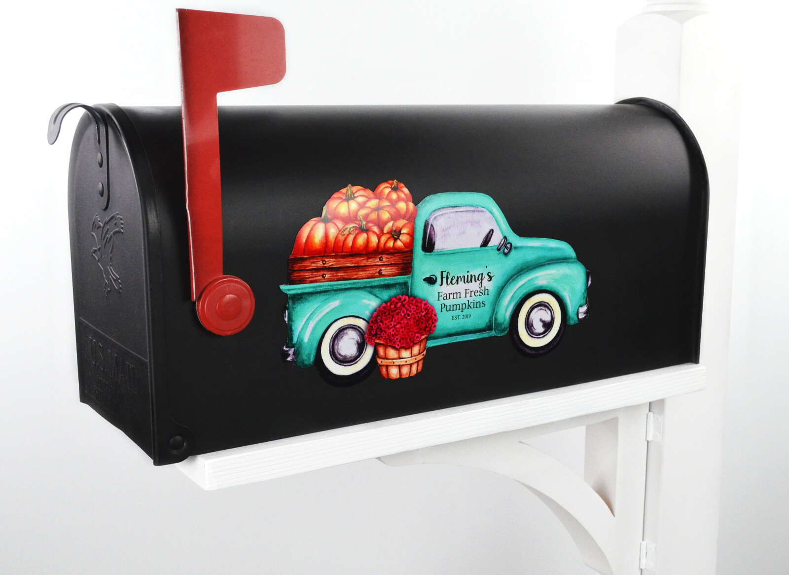 Mailbox Magnet (Partial Cover) Teal Vintage Chevy Ford Truck full of Pumpkins