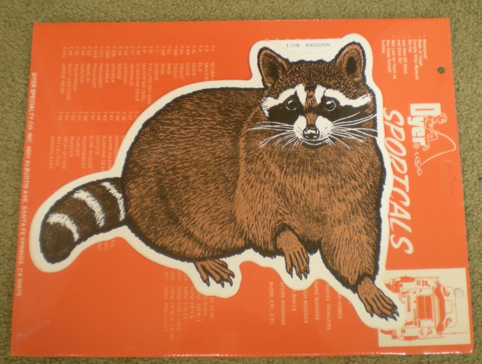 Vintage 12" Dyer Sportcals Raccoon Vinyl T-77R Truck Sticker