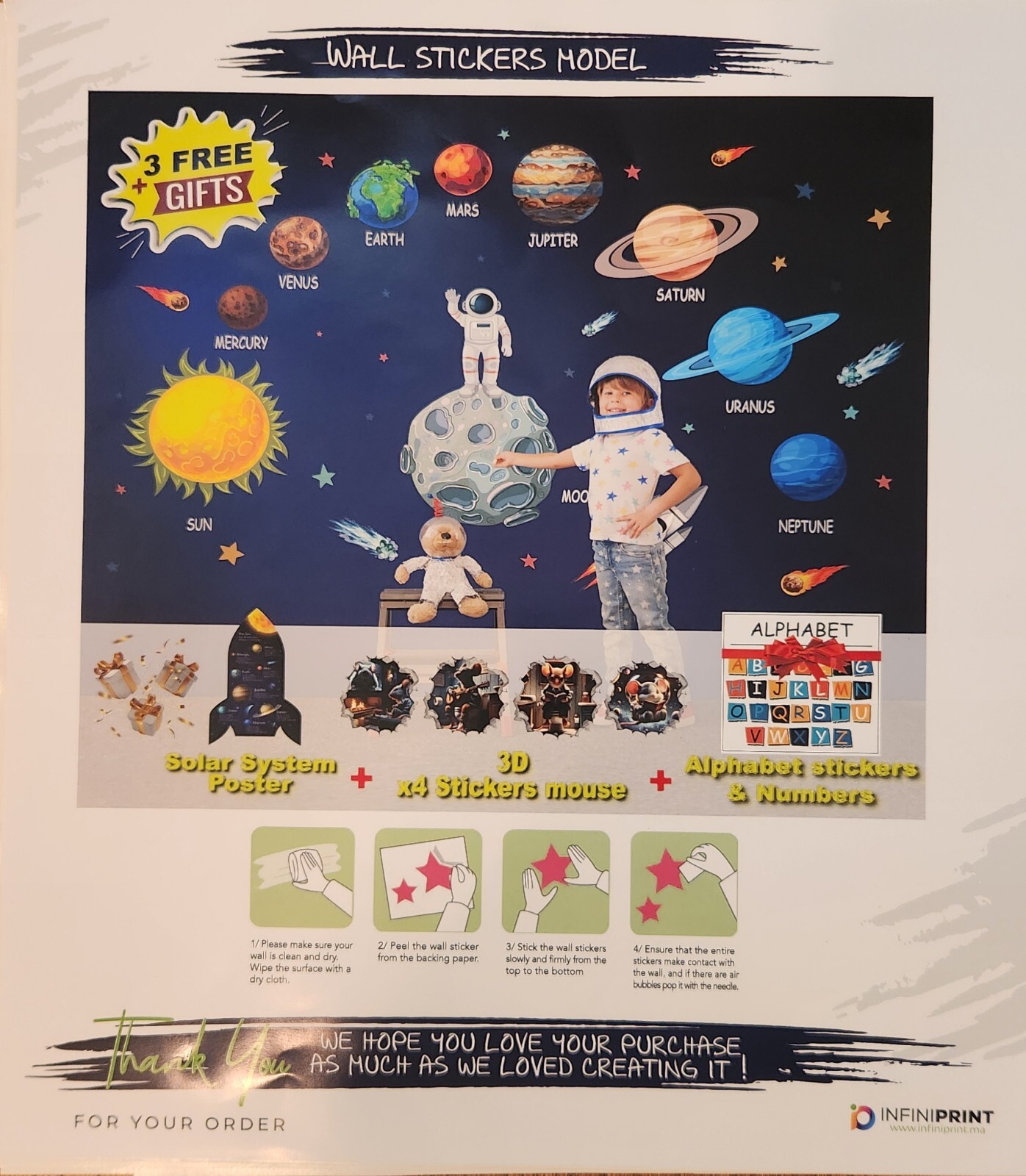 Space Wall Sticker, Planet Solar System, 4 3D Space Mouse ABC 123 Wall Stickers