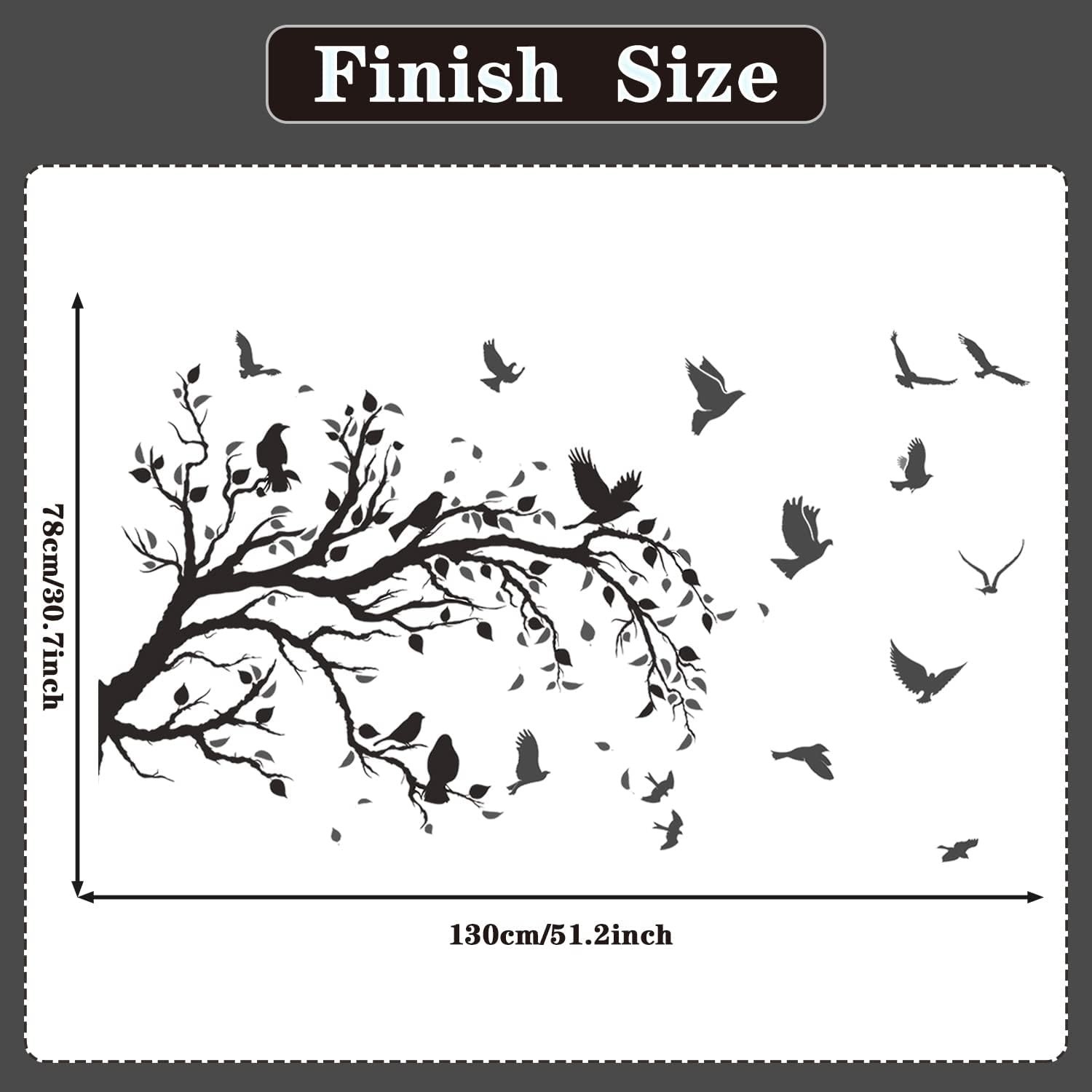 Black Tree Branch Flying Birds Wall Decal 50"" × 30"" DIY Birds Left to Right