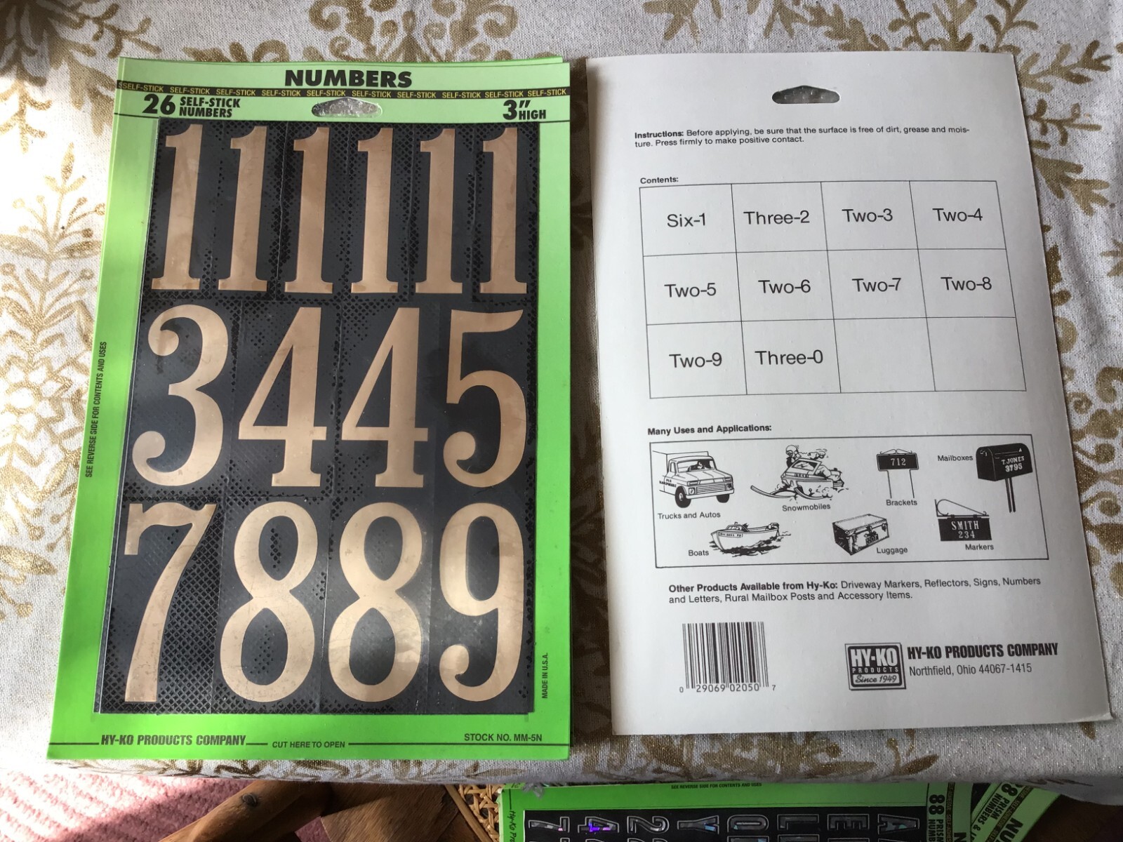 LOT OF 3 Hy-Ko Products Self Stick Adhesive Numbers 3" Black and Gold – New