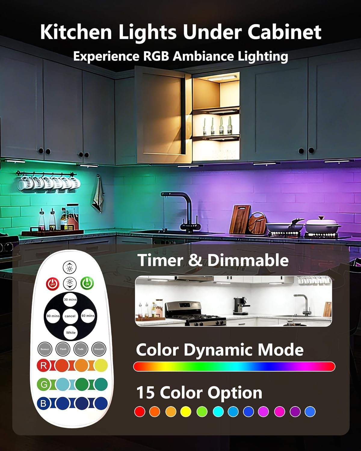 58-LED Motion Sensor Under Cabinet Lights Wireless, RGB Closet Light Night Li…