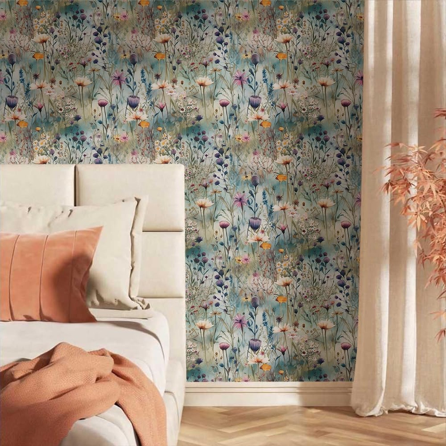 Watercolor Blue Green Purple Beige Wildflower Peel and Stick Wallpaper Wall D…